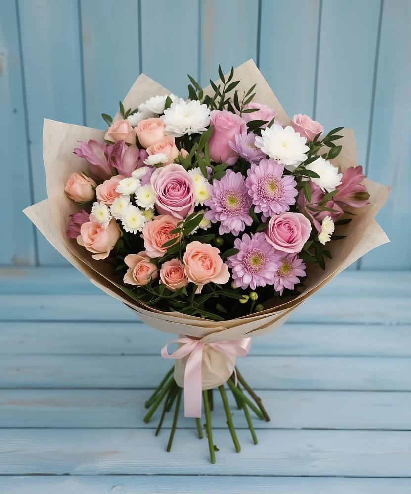 Букет цветов из: Хризантемы, Розы и Альстромерии в Беленькое