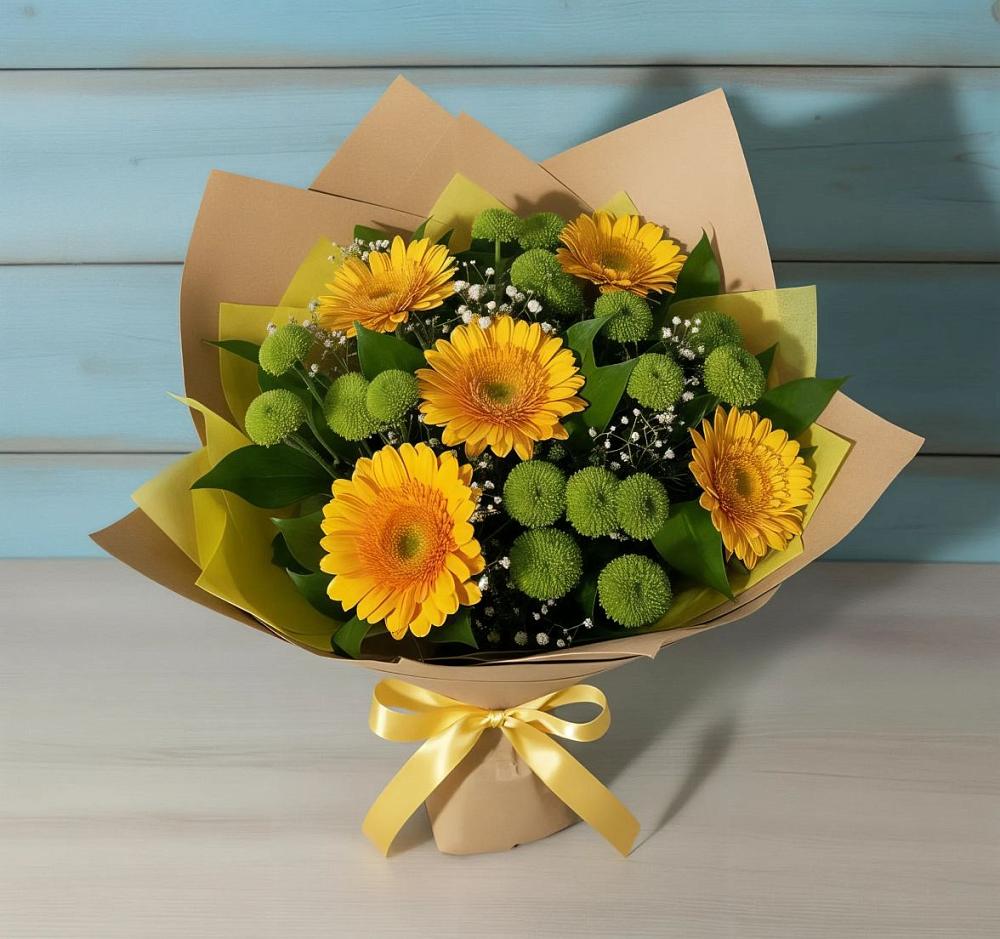 Букет цветов из: Герберы и Хризантемы в Беленькое