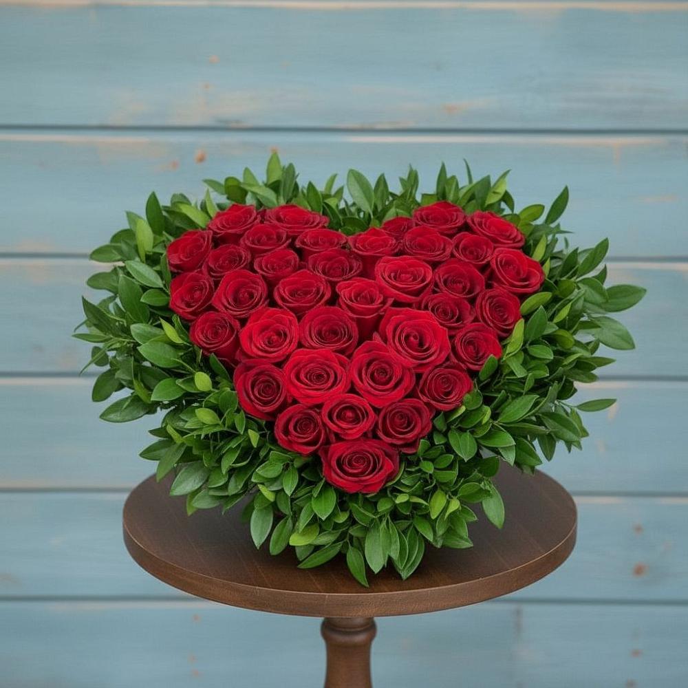 Цветочная композиция из Розы в виде сердца в Беленькое