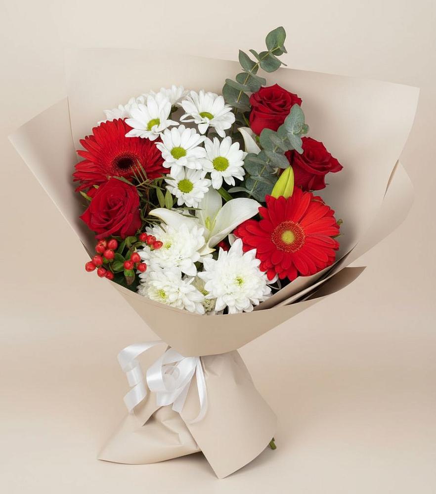 Букет цветов из: Розы, Хризантемы, Герберы и Лилии в Беленькое