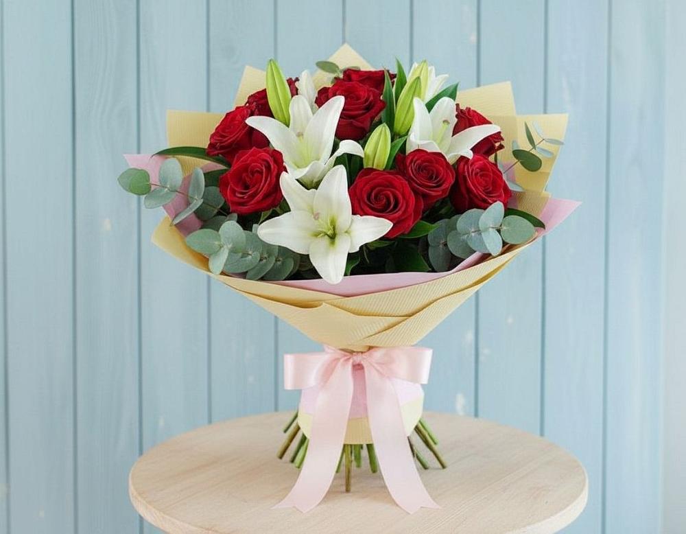 Букет цветов из: Лилии и Розы в Беленькое