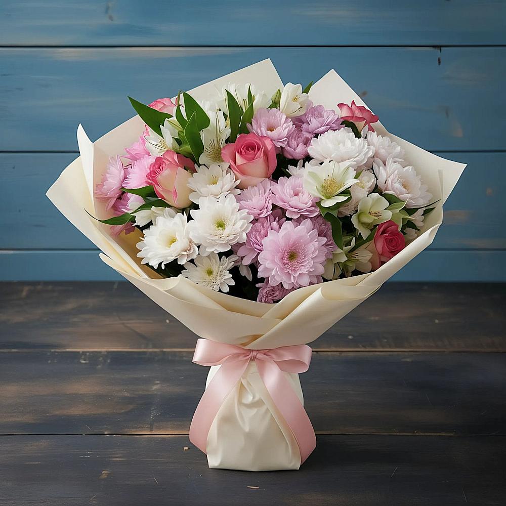 Букет цветов из: Хризантемы, Альстромерии и Розы в Беленькое